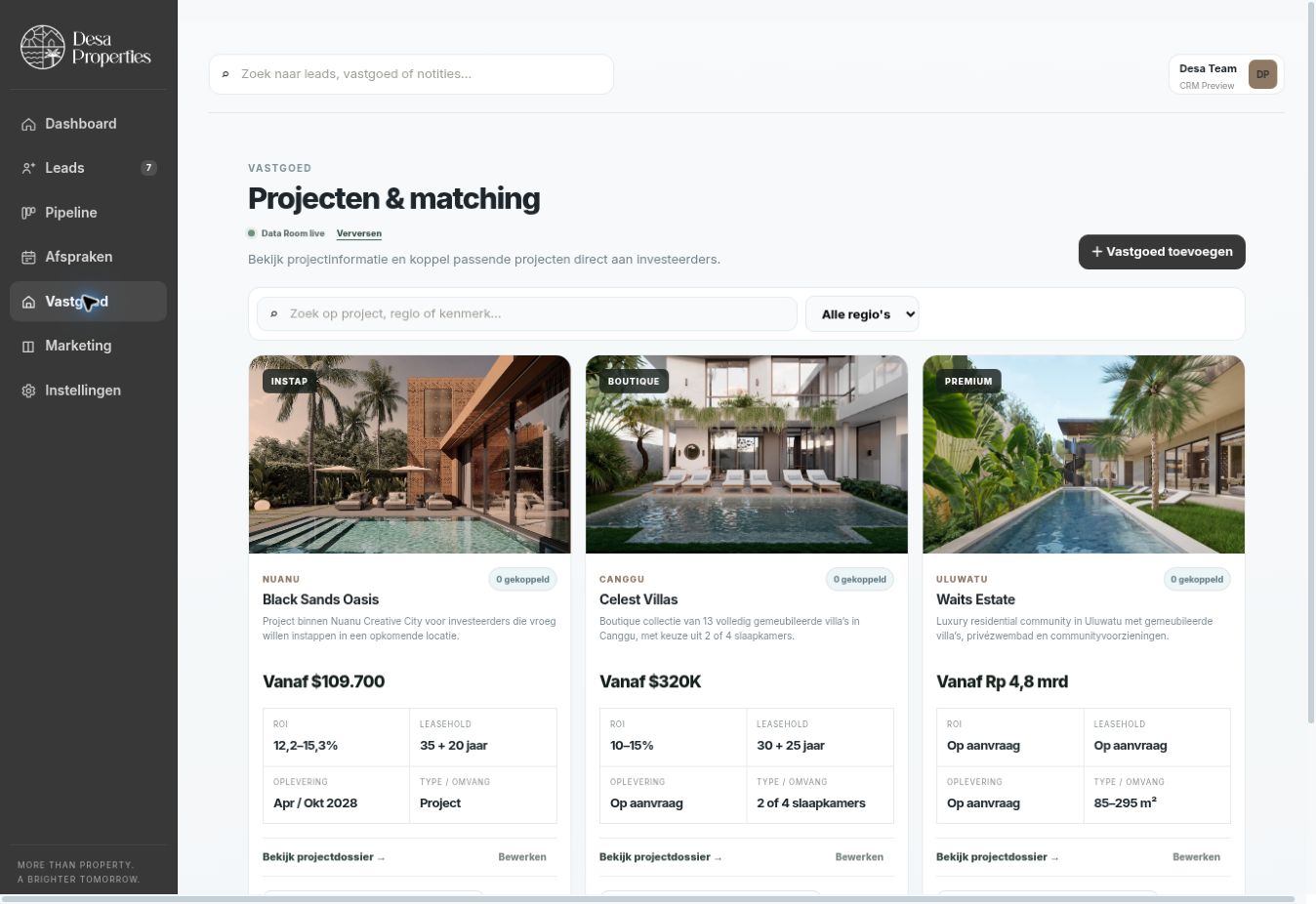 Desa Properties, interface gemaakt door Solveire